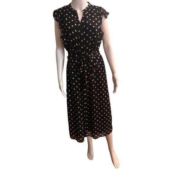 Who What Wear Polka Dot Flowy Belted Flutter Sleeve Midi Dress Sz M Black White - Picture 1 of 14